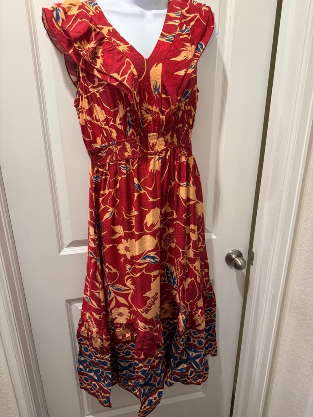 Grace Karin Red Floral Midi Dress with Yellow and Blue Accents